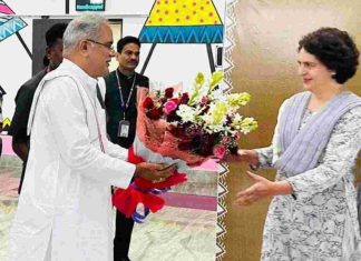 प्रियंका गांधी पहुंची रायपुर, सीएम भूपेश बघेल ने किया स्वागत